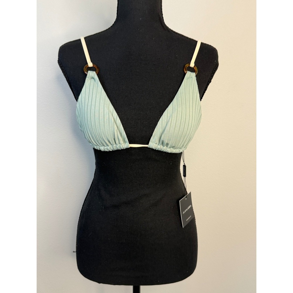 JLUXLABEL Sage Green Ribbed Triangle Bikini Top with Tortoise Rings Small NWT